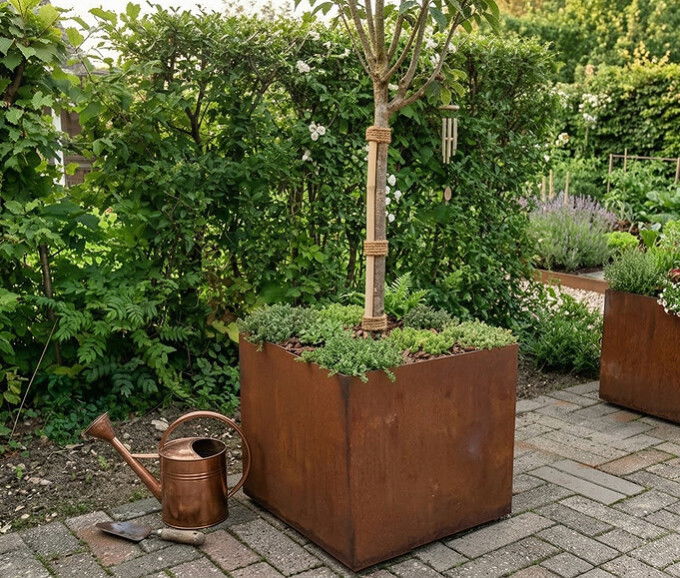 Plantekumme i 5 mm stålplade med skjulte hjul 40 x 40 x 35 cm