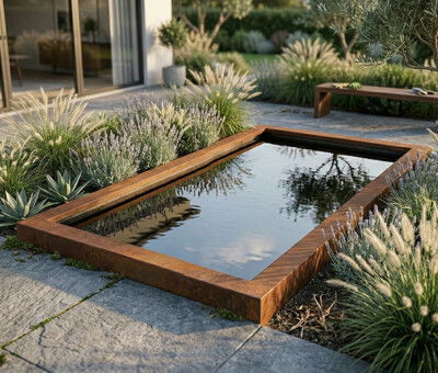 Spejlbassin i 5mm Corten st&aring;l med kant  120 x 60 x 10