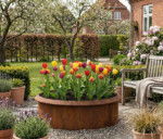 Rundt højbed rusten med sneglekant H26 cm