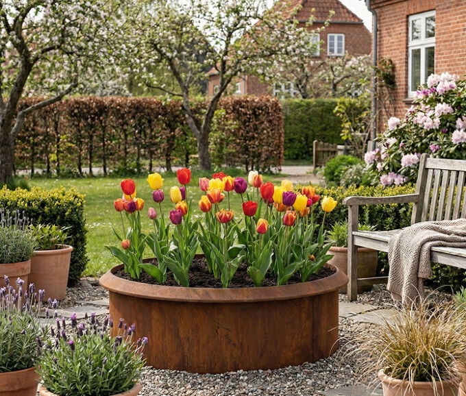 Rundt højbed rusten med sneglekant H26 cm