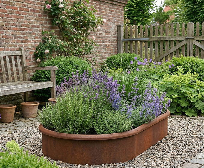 Ovale højbed rusten med sneglekant H26 cm