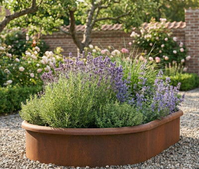 Ovale h&oslash;jbed rusten med sneglekant H40 cm